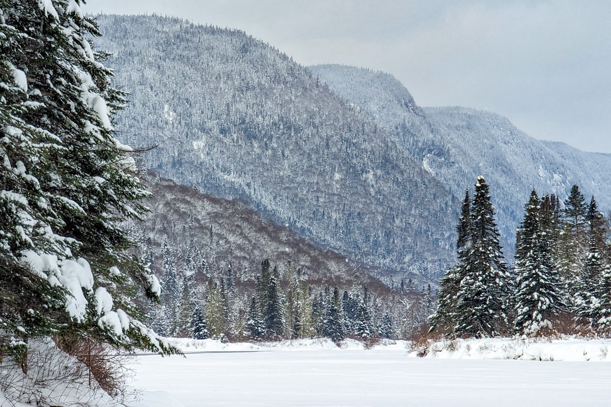 Randonnée raquettes au Quebec : vue sur les montagnes et les forêts