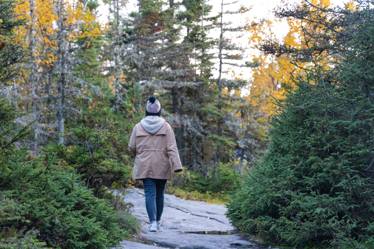 Personne qui se balade sur le sentier de la Pointe de l'Isle dans la partie en forêt.