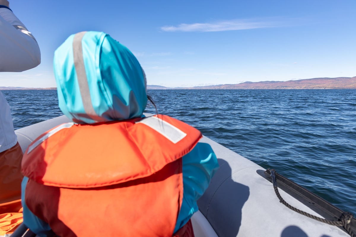 Personne dans le zodiac qui observe les paysages de Gaspésie