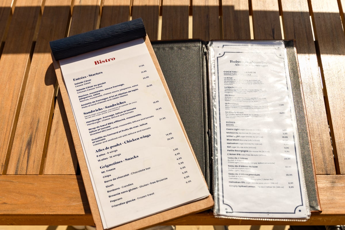 Menu du bar sur le bateau croisière